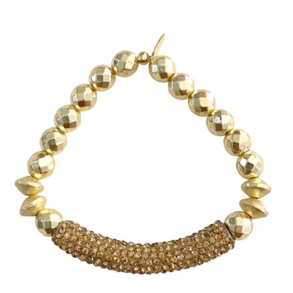Stretch Bracelet Gold Hematite Stone Beads & Gold Crystal Rhinestone Bar NEW